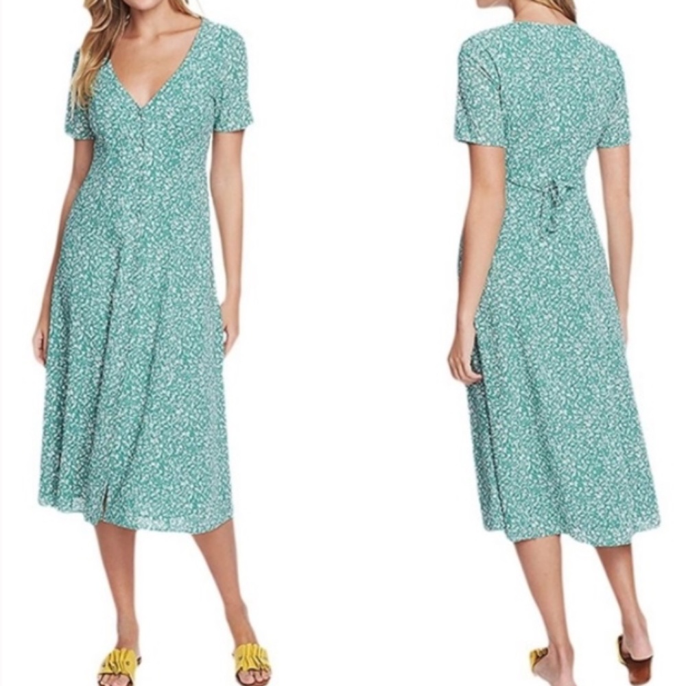 1. State Green Floral Print Midi Dress 90’s boho cottagecore v neck button fairy